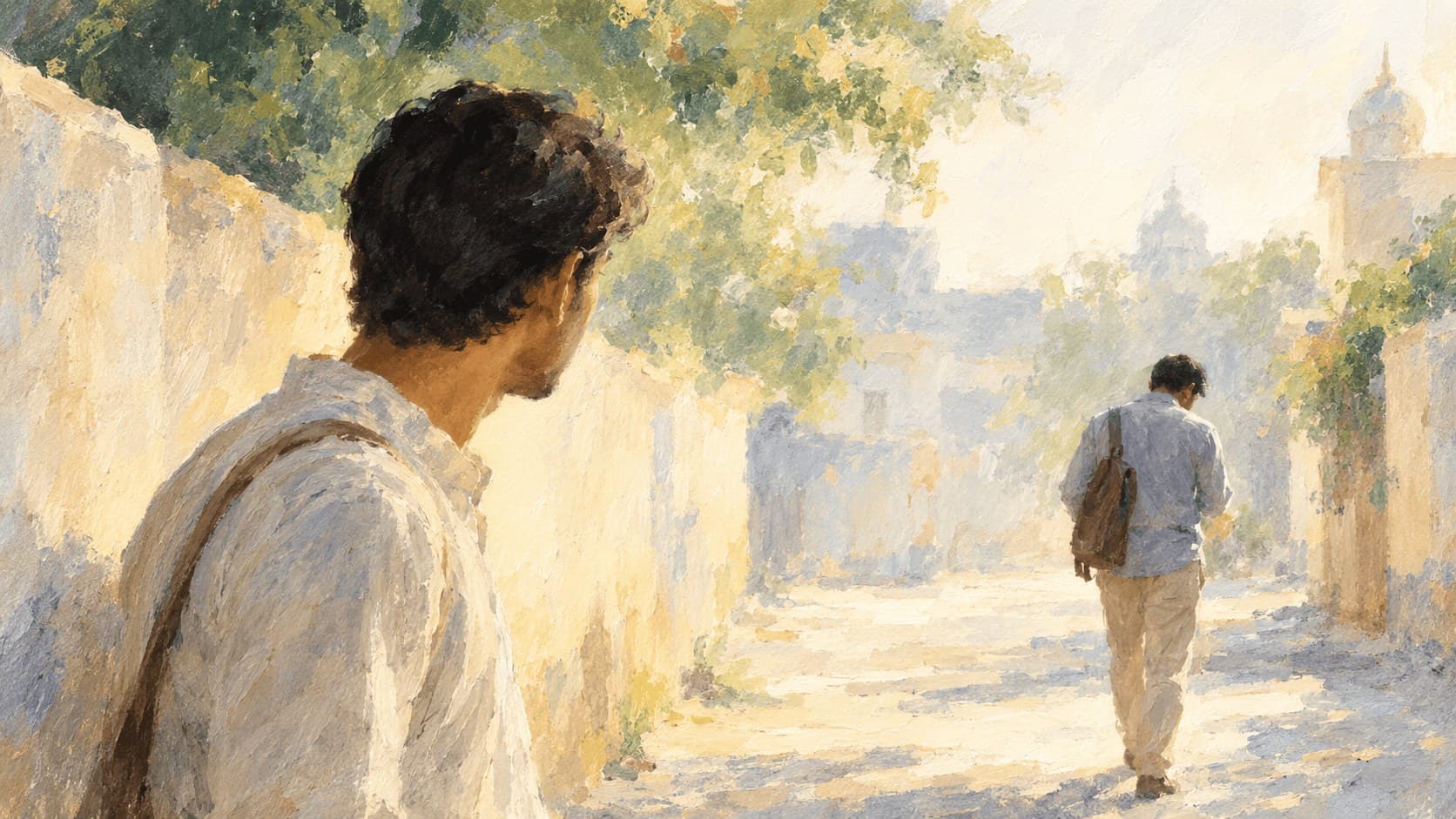 Two men walking down a sunlit lane, painted in a reflective style